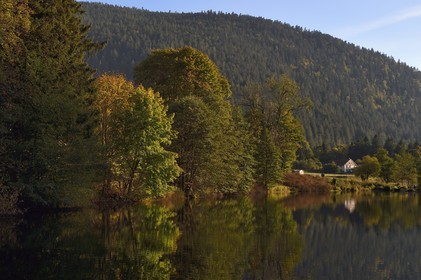France, Vosges (88), Le Valtin dans la haute-vallée de la Meurthe, l'étang des dames traversé par la rivière de la Meurthe