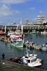 France, Seine Maritime, Le Havre, Downtown rebuilt by Auguste Perret listed as World Heritage by UNESCO, the fishing port and Perret buildings in the background