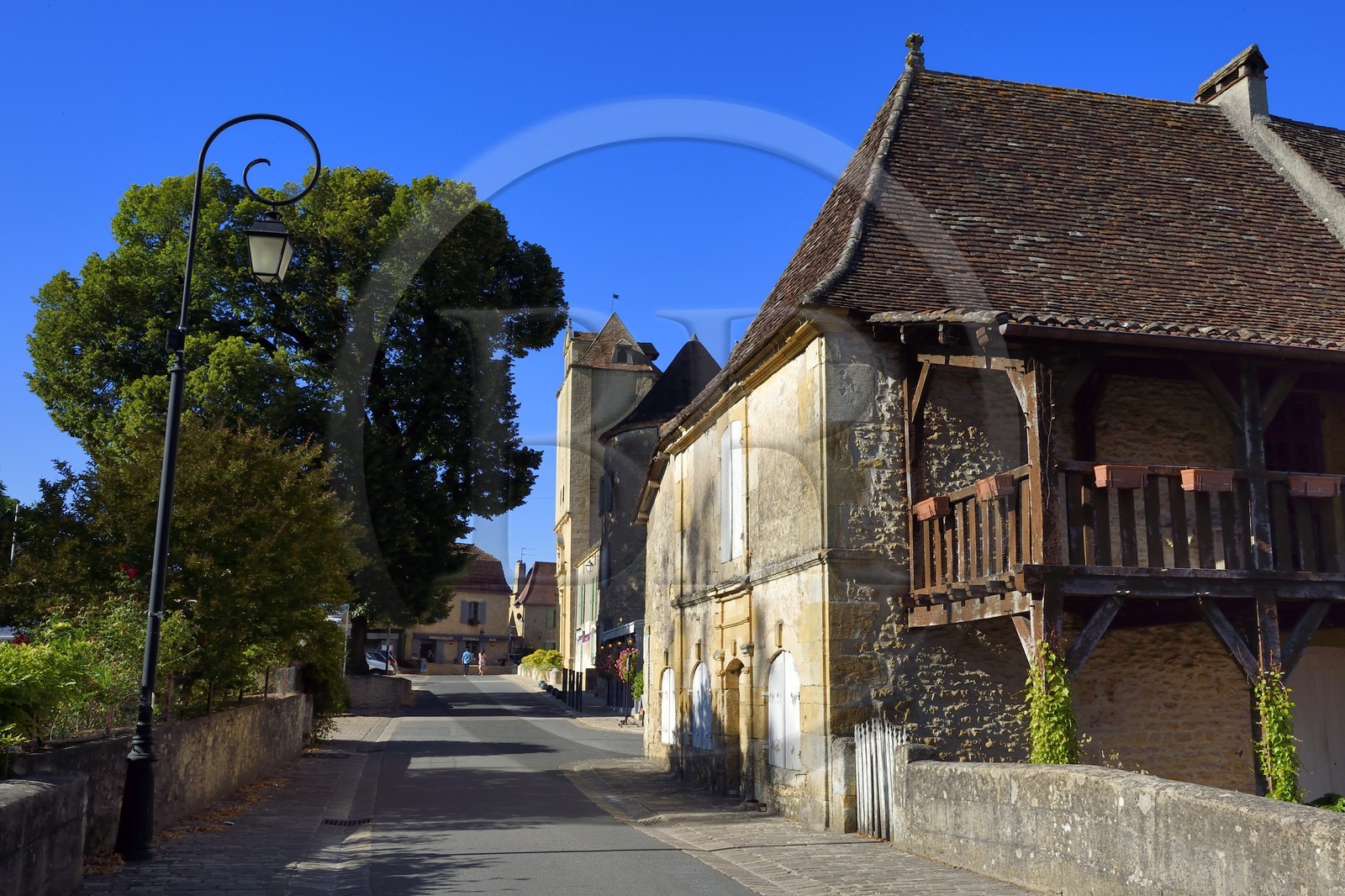 France, Dordogne (24), Périgord Noir, Trémolat, le coeur du village et l'église Saint-Nicolas en arrière plan