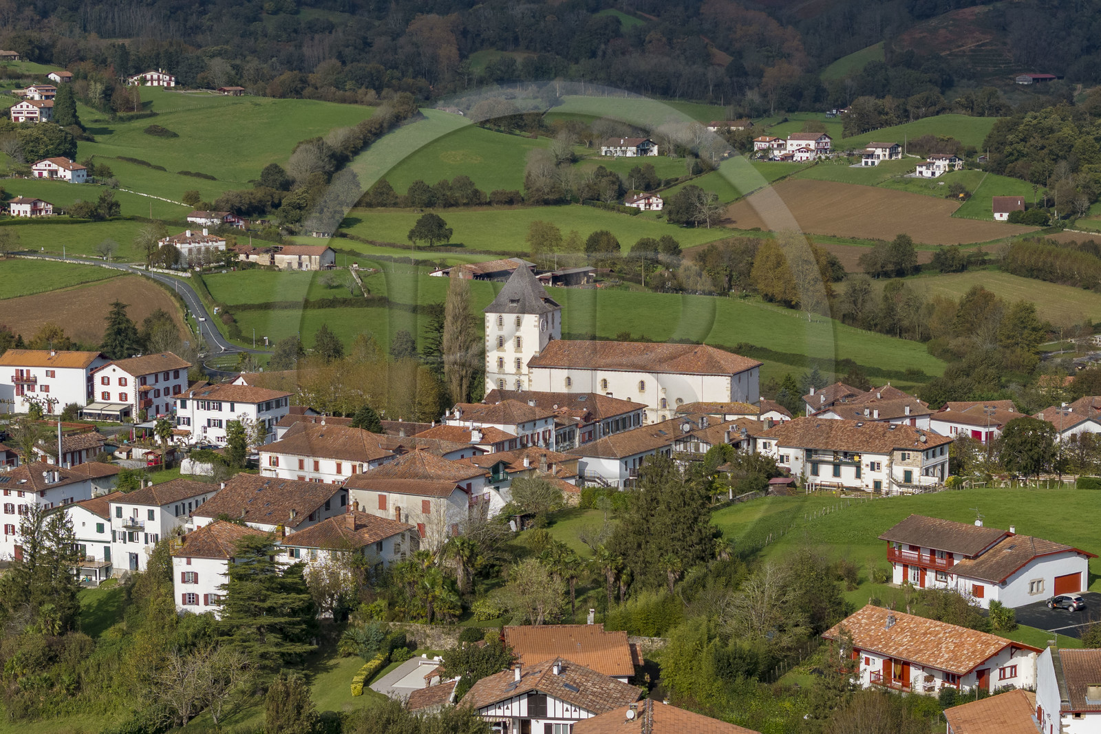 France, Pyrenees Atlantiques, Basque Country, Sare, labelled Les Plus Beaux Villages de France (The Most Beautiful Villages of France), Saint-Martin fortified church (aerial view)