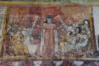 France, Haute Loire, Lavaudieu, labelled Les Plus Beaux Villages de France (The Most Beautiful Villages of France), the former Saint Andre (St Andrew) abbey church in Auvergne Romanesque style, the Black Death, allegory of the plague that ravaged the region from 1348 to 1352