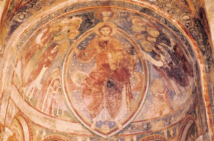 France, Saone et Loire, Berze la Ville, Chapelle des Moines (Monks' Chapel), the 12th century Romanesque chapel, murals typical of Cluny Art, Christ in majesty