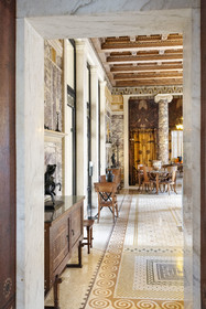 France, Alpes-Maritimes, Beaulieu-sur-Mer, neo-Greek style villa Kerylos build in 1908 by architect Emmanuel Pontremoli, the Andron or men's lounge whose walls are covered with marble from Italy