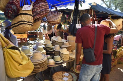 France, Reunion island (French overseas department), Saint-Pierre, the Saturday market, basketry craft bag and hat