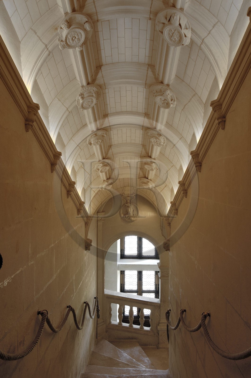 France, Indre-et-Loire (37), château de Chenonceau édifié de 1513 à 1521 de style Renaissance, l'escalier droit
