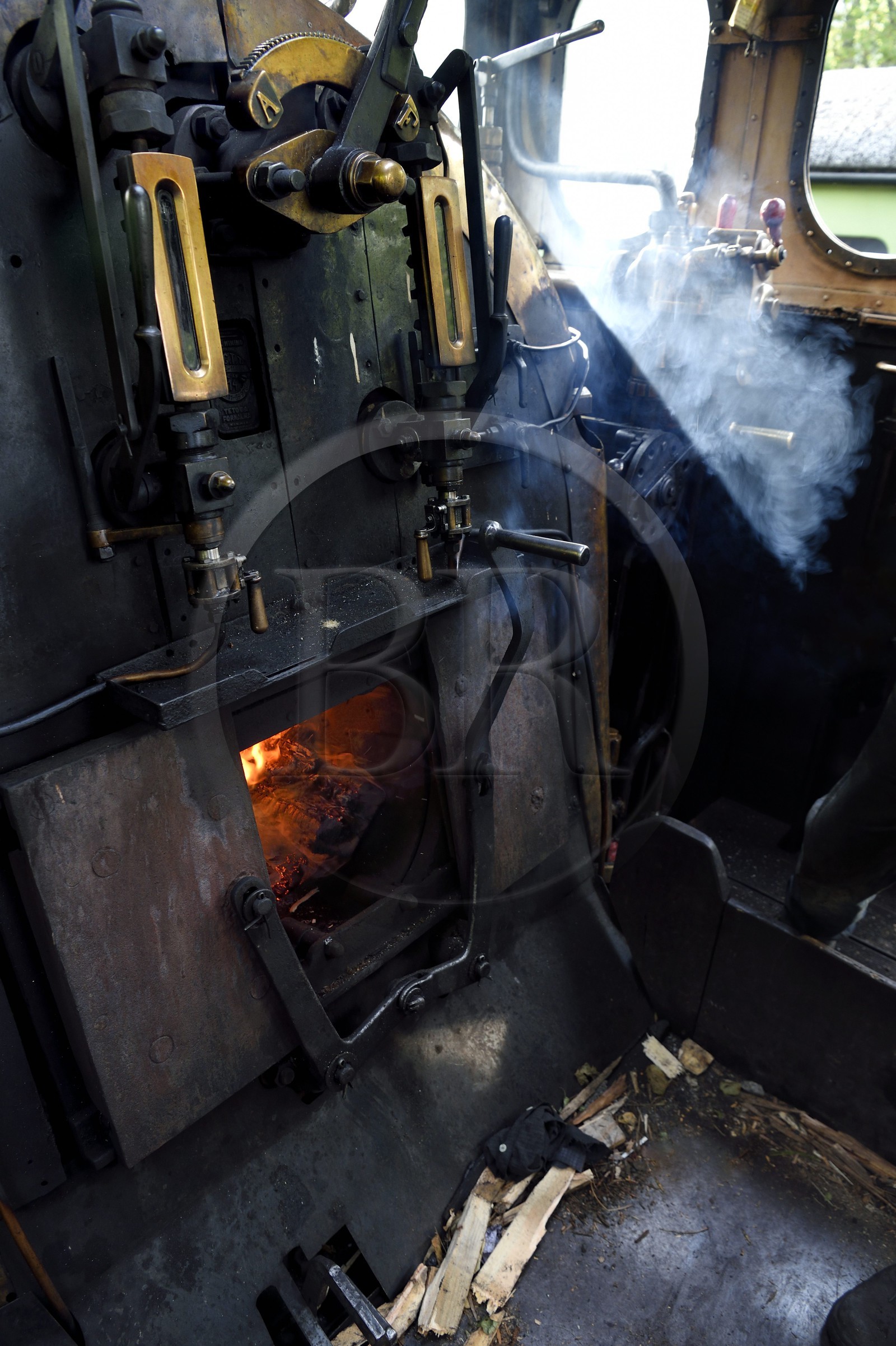 France, Alpes-Maritimes, Puget Theniers, the Train des Pignes historic train, steam engine warming up, loading wood in the fireplace that heats the boiler