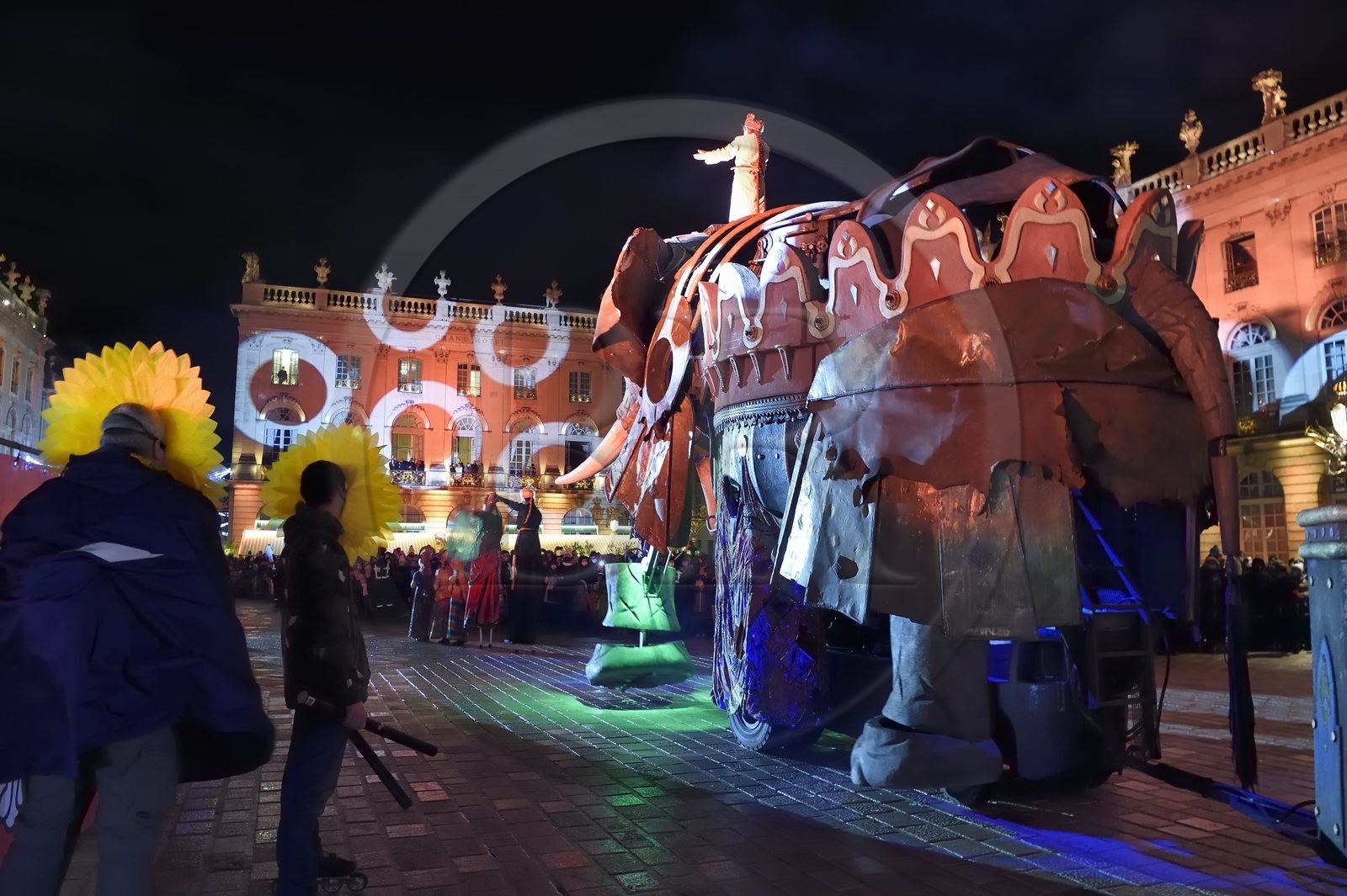 France, Meurthe-et-Moselle, Nancy, place Stanislas, the parade of Saint-Nicolas, Elephantasia and its dancers from the company Planète Vapeur
