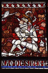 France, Bas-Rhin (67), Strasbourg, vieille ville classée au Patrimoine Mondial de l'UNESCO, la cathédrale Notre-Dame, vitrail représentant le diable enchainé