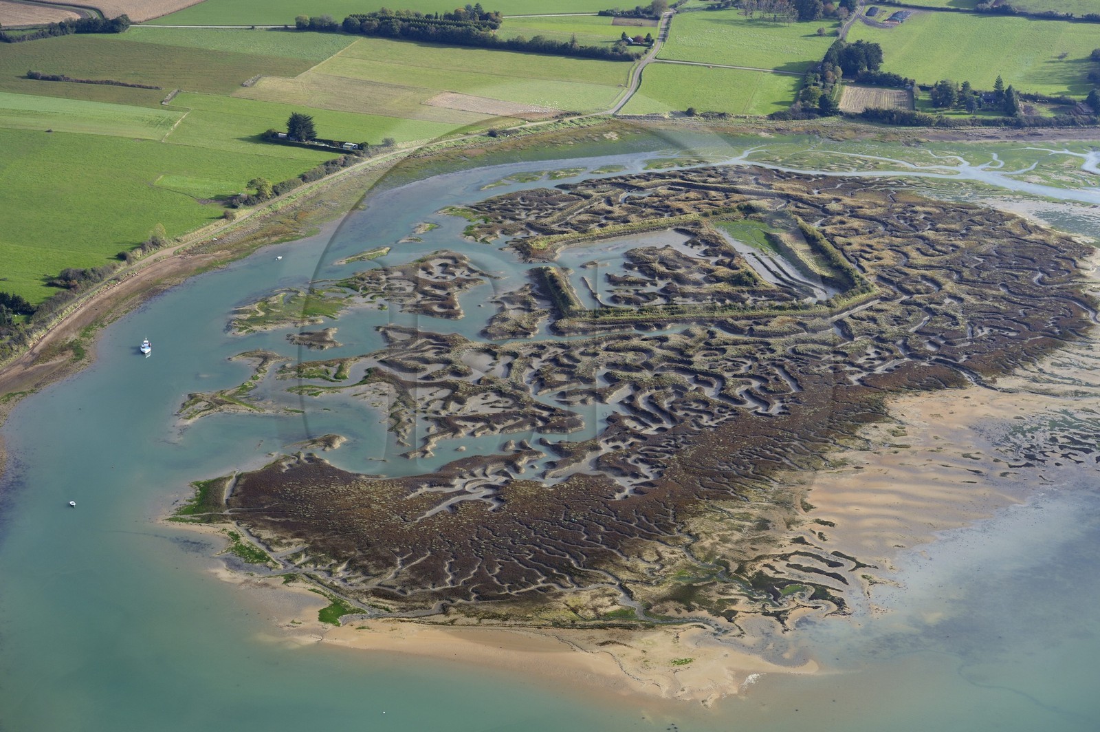 France, Ille-et-Vilaine (35), Saint-Suliac, vestiges d'un camp viking abandonné en 939, cité portuaire dénommée Gardaine avec enceinte fortifiée quadrangulaire (vue aérienne)