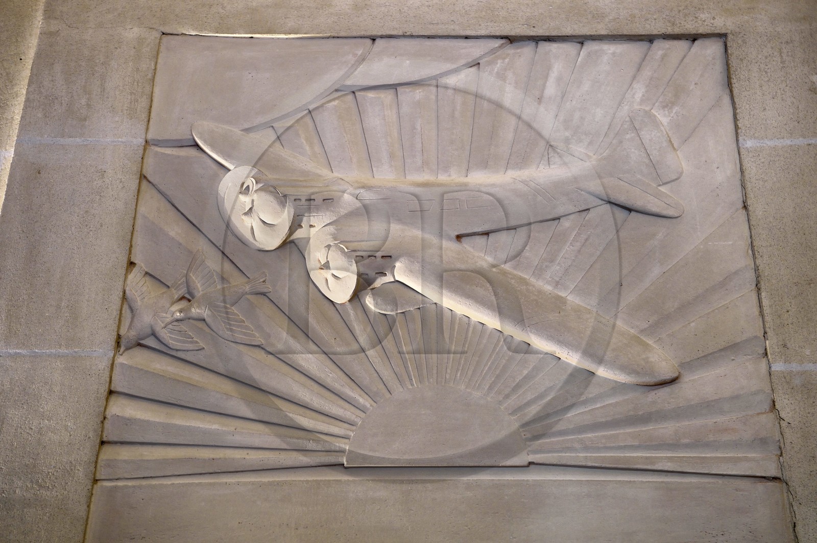 France, Allier (03), Vichy, Art Deco villa René Jeux, stylized bas relief of Jean Mermoz's plane at sunset