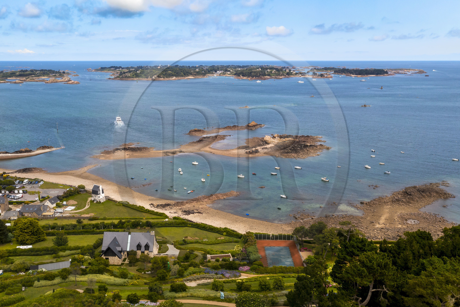France, Cotes d'Armor, Ploubazlanec, view of the Brehat archipelago and connection boat (aerial view)