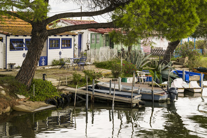 France, Herault, La Grande-Motte, a place called the Cabanes du Roc, old fishermen's huts along the Rhone to Sète Canal