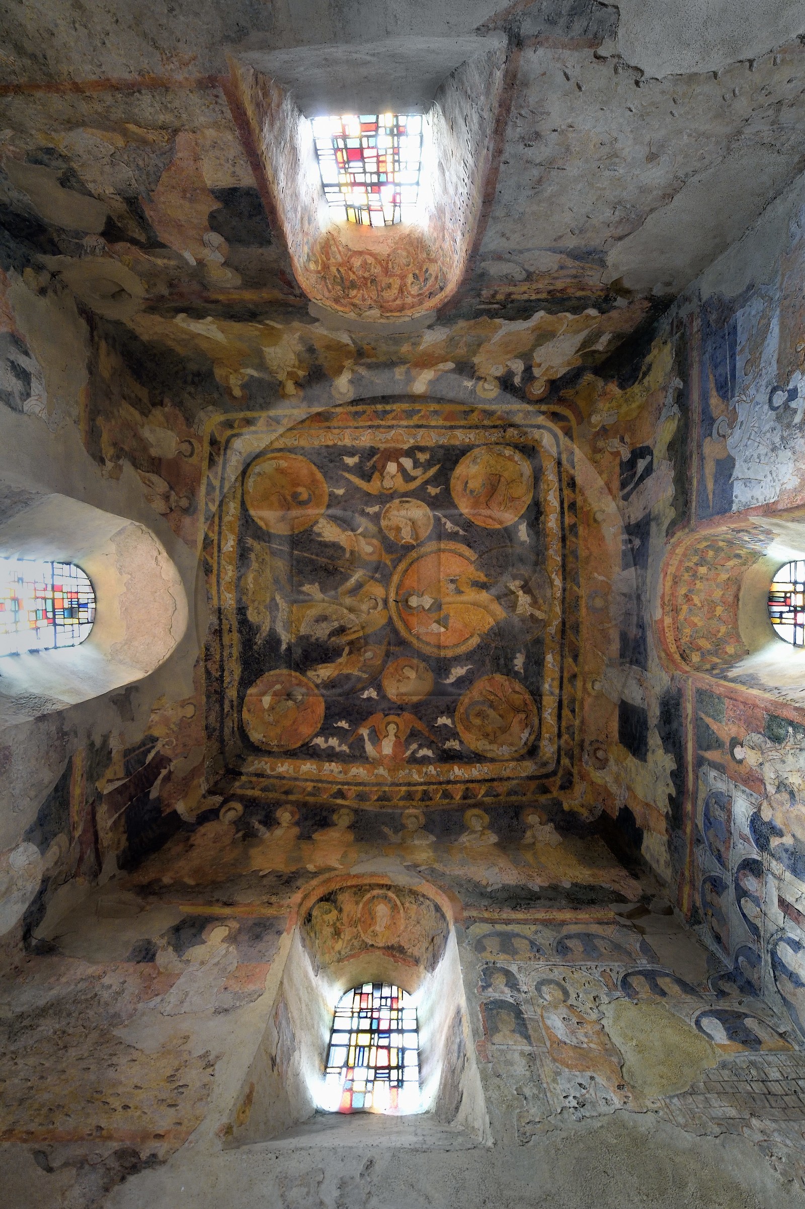 France, Haute Loire, Aiguilhe, a town bordering Puy-en-Velay, Routes of Santiago de Compostela in France listed as World heritage by UNESCO, the Saint-Michel d'Aiguilhe Chapel, painted ceiling of the choir with the tetramorph, the archangel and the heavenly Jerusalem evoking the last judgment