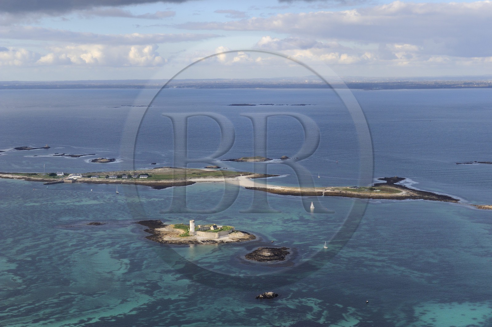 France, Finistere, La Foret Fouesnant, Glenan islands, Fort Cigogne on Cigogne Island and St Nicolas Island in the background (aerial view)