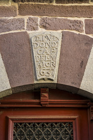 France, Pyrenees Atlantiques, Basque Country, Saint Jean Pied de Port, stone lintel dated 1637 rue de la Citadelle on the Way of St. James