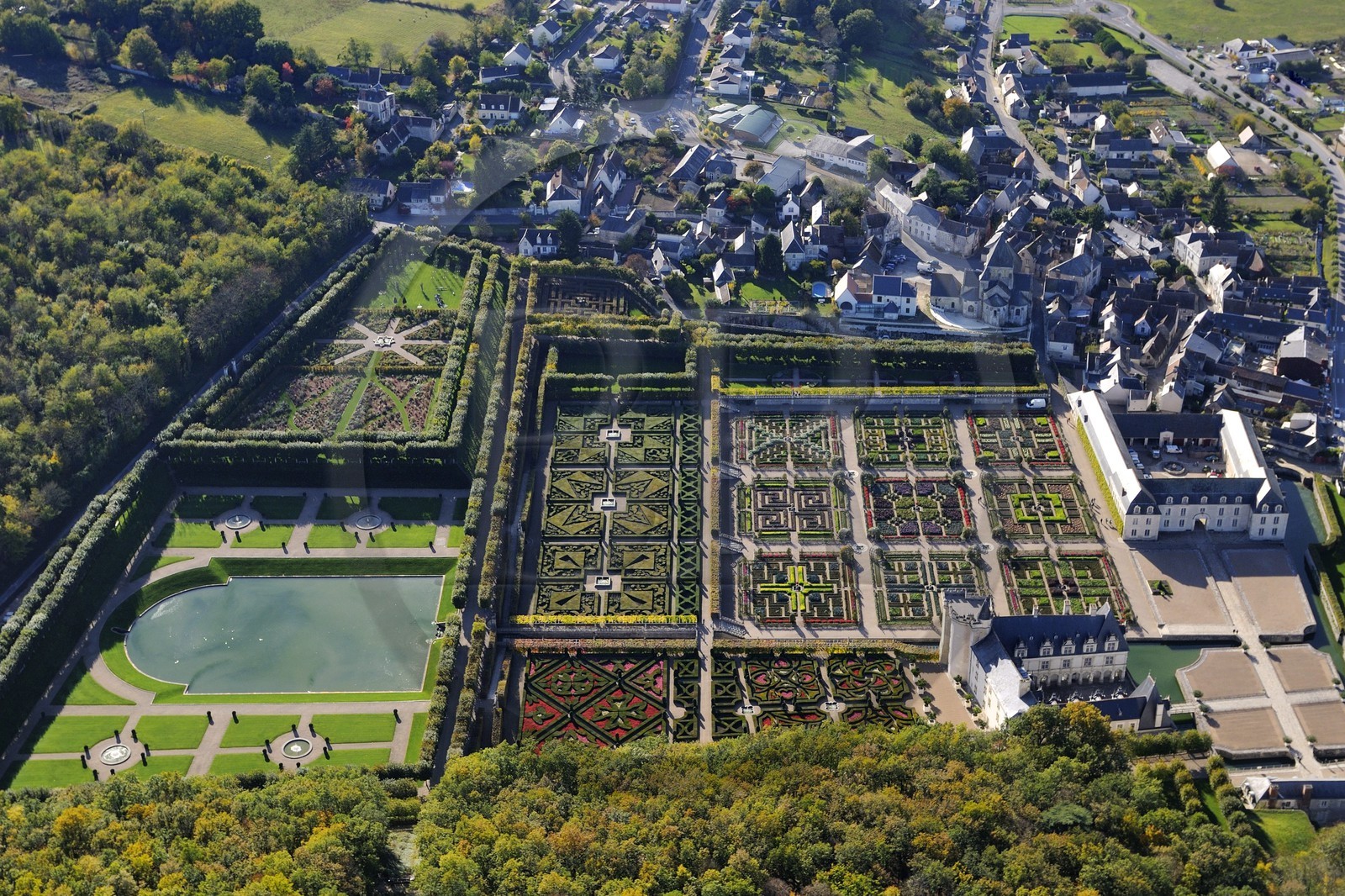 France, Indre et Loire, Loire Valley listed as World Heritage by UNESCO, the castle and gardens of Villandry (owners Henri and Angelique Carvallo) (aerial view)