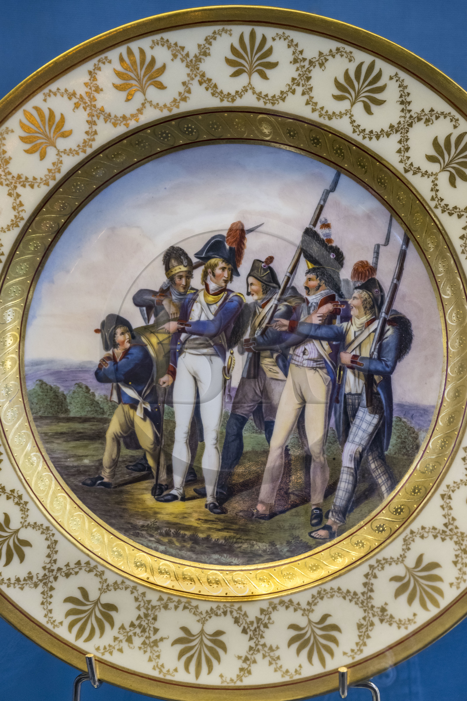 France, Seine-et-Marne, Fontainebleau, castle of Fontainebleau listed as World Heritage by UNESCO, Napoleon I Museum, plate representing a caricature of French infantry soldiers, motley and ragged troop, Berlin royal porcelain factory (1803-1813)