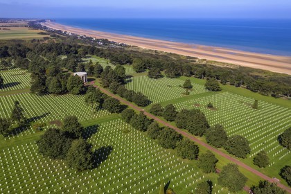 France, Calvados, Colleville sur Mer, the Normandy Landings Beach, Normandy American Cemetery and Memorial, Omaha Beach in the background