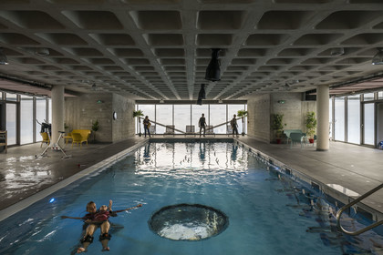 France, Herault, Montpellier, Port Marianne district, Le Nuage building by designer Philippe Starck, aquabike center in the pool upstairs