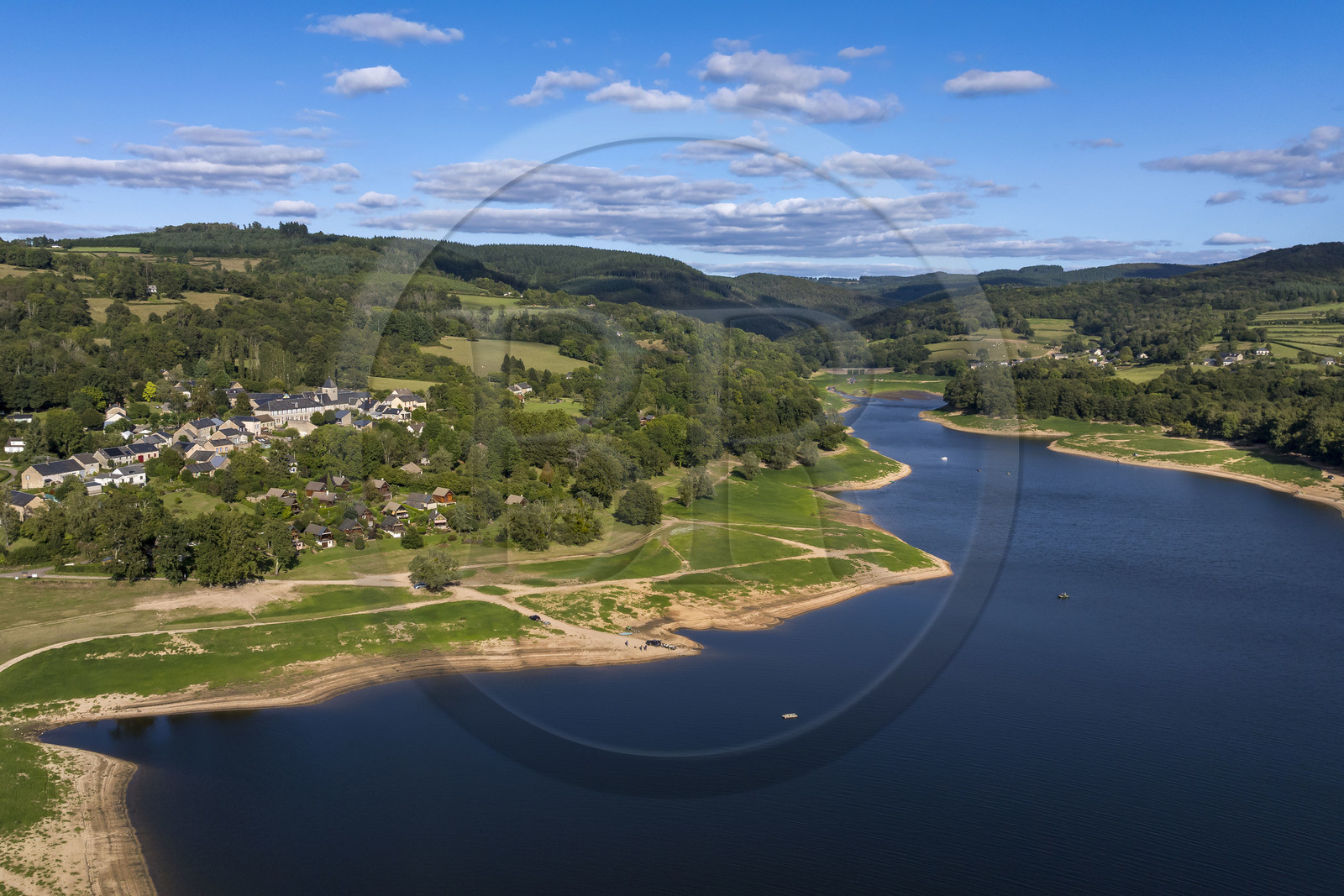 France, Nievre, Regional Natural Park of Morvan, Chaumard, Pannecière lake and the village of Chaumard on the edge of the lake (aerial view)