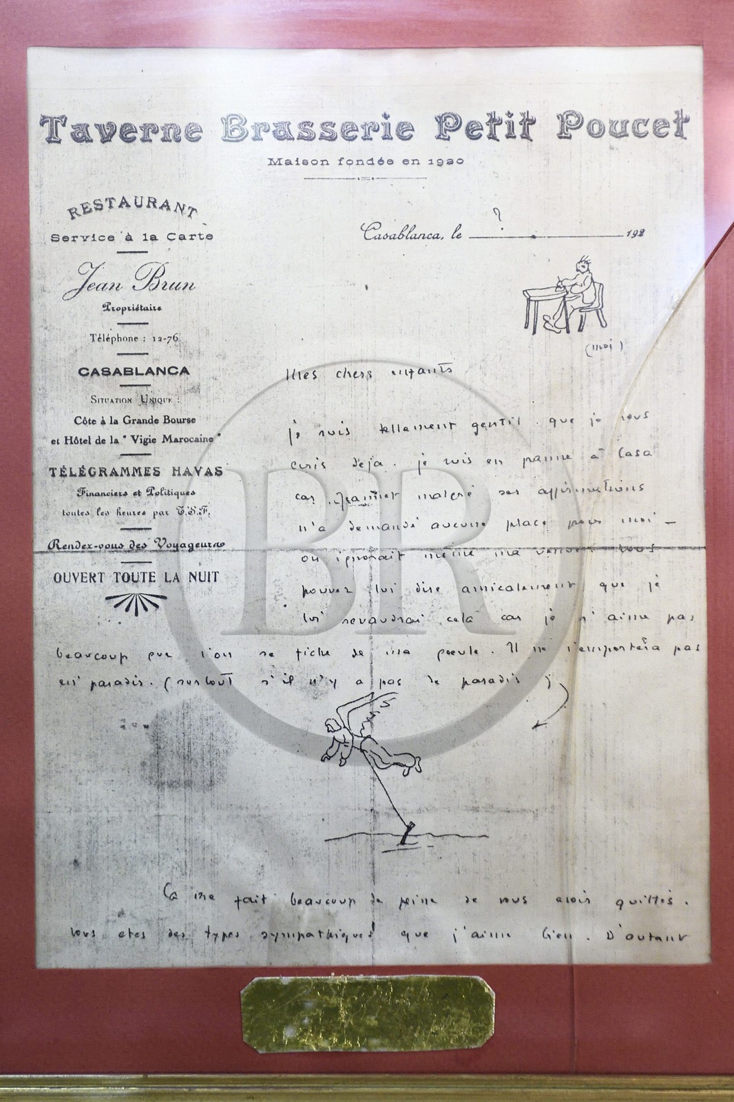 Maroc, Casablanca, Café restaurant Au Petit Poucet sur le boulevard Mohammed V, lettre et dessins de l'aviateur Antoine de Saint Exupery