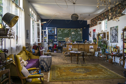 France, Maine-et-Loire, Loire valley listed as World Heritage by UNESCO, Gennes-Val-de-Loire, bookstore-café L'Idiot of the association Gabare And Co in the former school of the Girls of Chênehutte