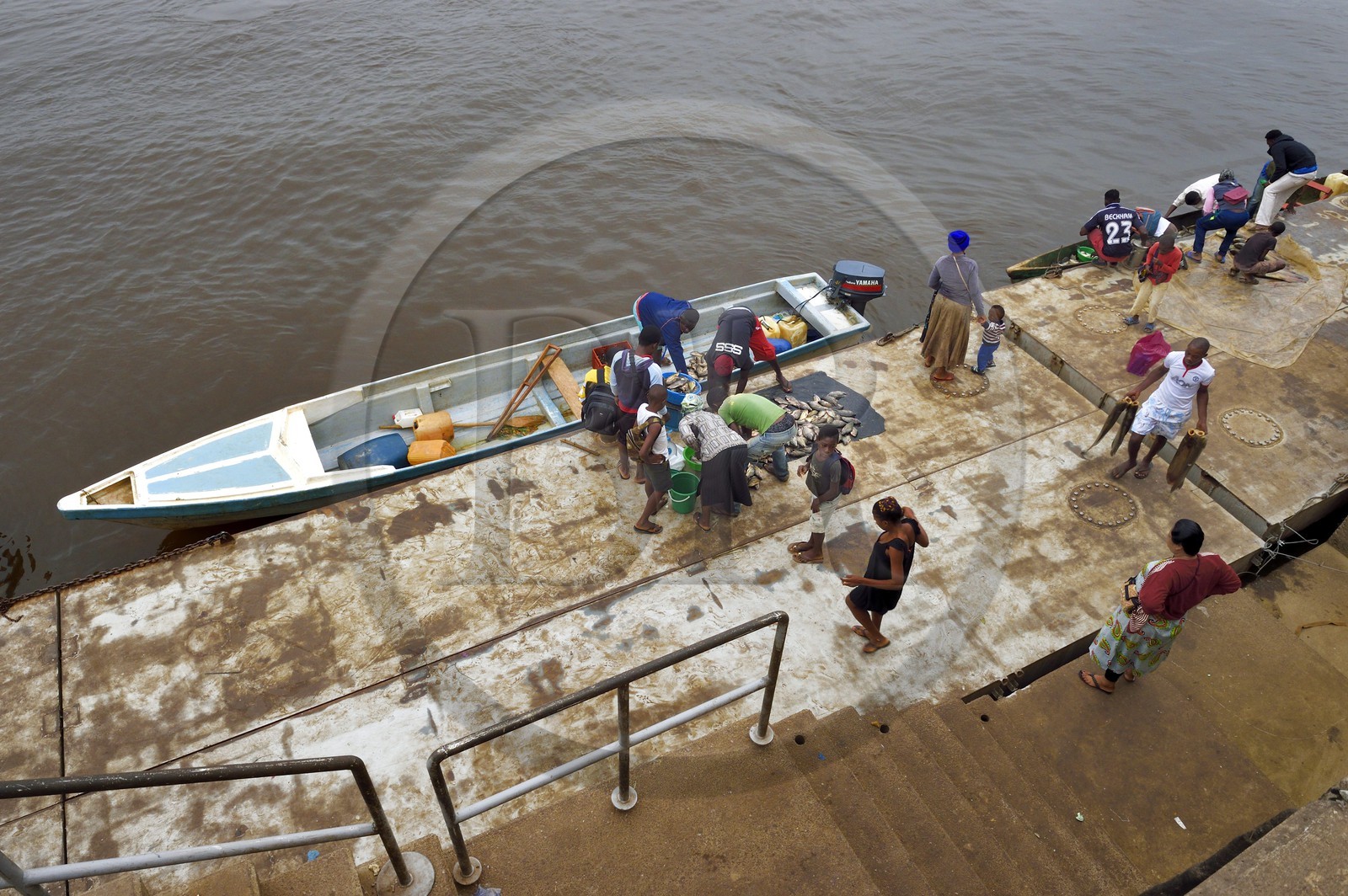 Gabon, Province du Moyen-Ogooué, le fleuve Ogooué, vente de poissons sur les pirogues au port de Lambaréné