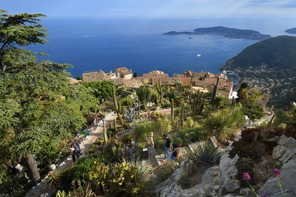 France, Alpes-Maritimes, the hilltop village of Eze and its Exotic Garden, Saint-Jean-Cap-Ferrat in the background
