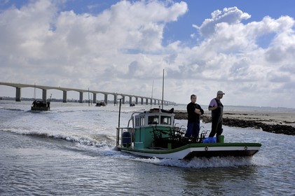 France, Charente-Maritime (17), Ile d'Oléron, le pont viaduc d'Oléron et chaland à huîtres entrant dans le chenal d'Ors