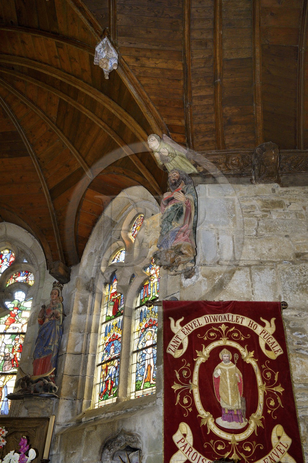 France, Cotes-d'Armor, Loc-Envel church, wooden painted sculptures on the stringer decorating the vault (16th century)