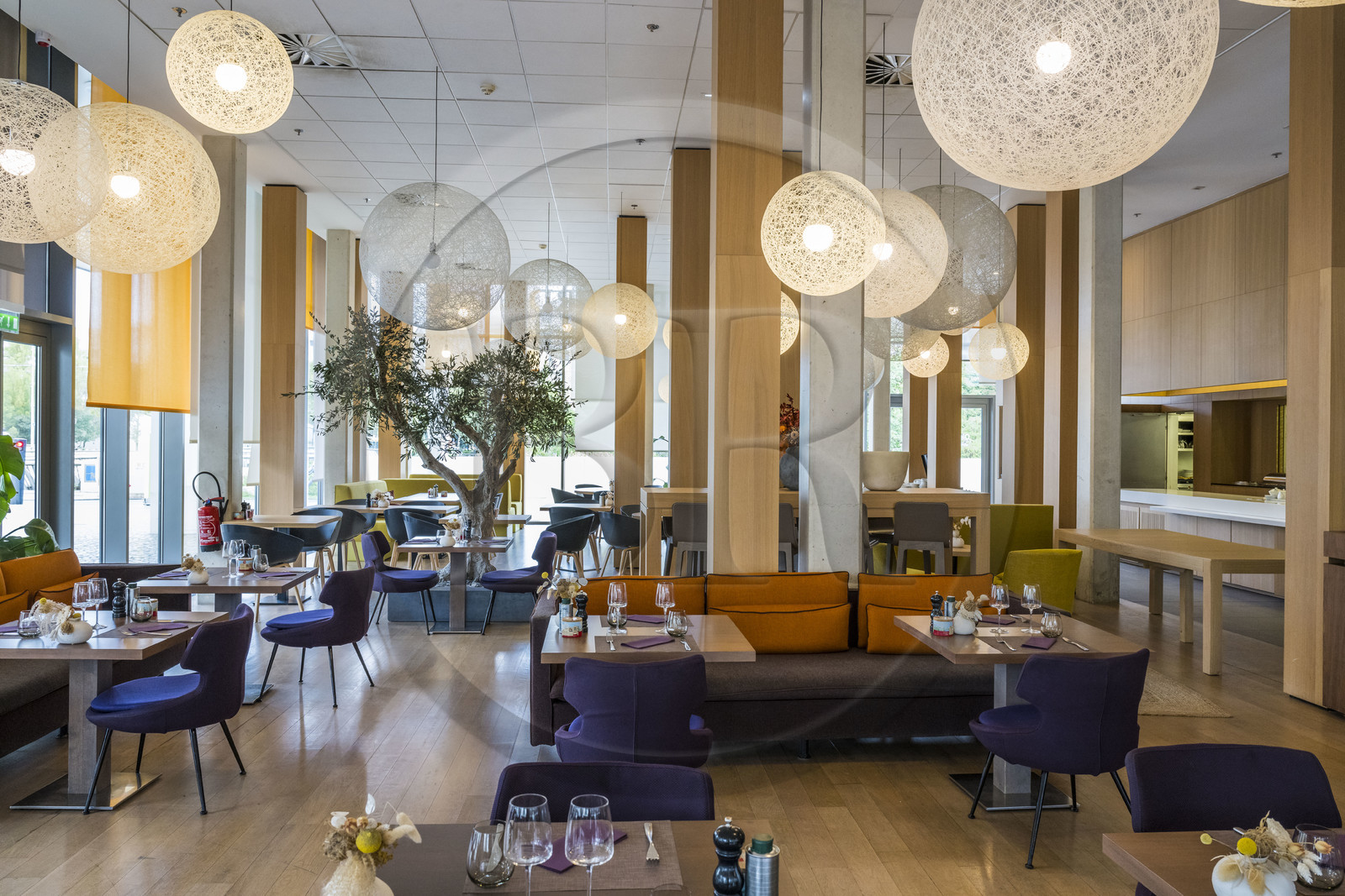 France, Herault, Montpellier, Port Marianne district, Hotel Courtyard by Marriott with contemporary architecture, the restaurant