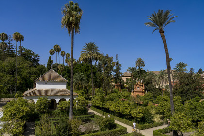 Spain, Andalusia, Seville, the Alcazar of Seville (Reales Alcazares de Sevilla), listed as World Heritage by UNESCO, the gardens and the Carlos V pavilon