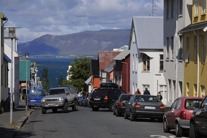 Iceland, Reykjavik, street of the old town going down to the sea