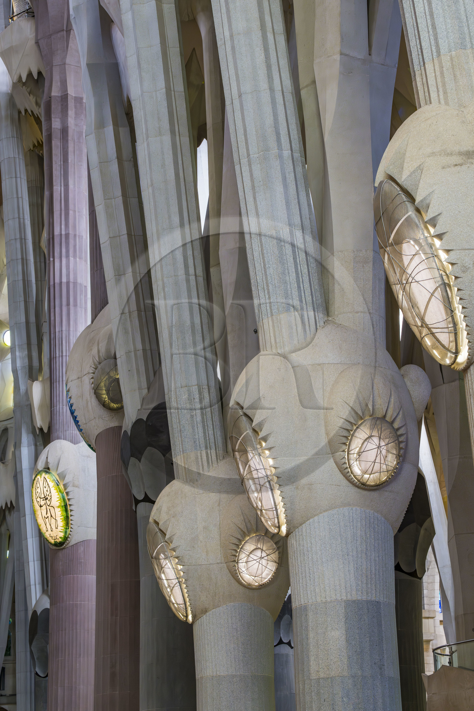Espagne, Catalogne, Barcelone, quartier de l'Eixample, basilique de la Sagrada Familia de l'architecte du modernisme catalan Antoni Gaudi classée Patrimoine Mondial de l'UNESCO, au dessus du noeud, les colonnes du vaisseau central (nef) se subdivisent en branches tel un arbre