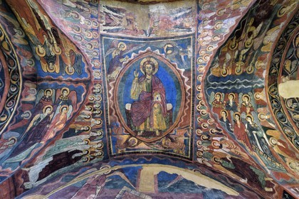 France, Haute Loire, Brioude, the Basilica of Saint-Julien de Brioude in Auvergne Romanesque style, 13th century frescoes in the Saint Michel chapel, Christ in glory is surrounded by the four evangelists, angels and saints