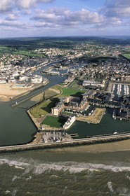 France, Calvados, Pays d'Auge, Deauville and Trouville, mouth of Touques River (aerial view)