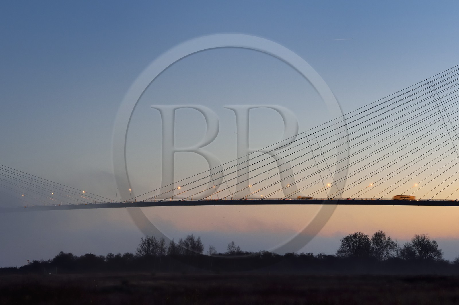 France, between  Calvados and Seine Maritime, the Pont de Normandie (Normandy Bridge) at dawn, it spans the Seine to connect the towns of Honfleur and Le Havre