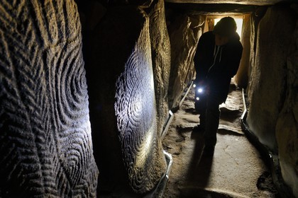France, Morbihan, Gavrinis Cairn dated 3500 BC, decorated slabs from the Gavrinis passage