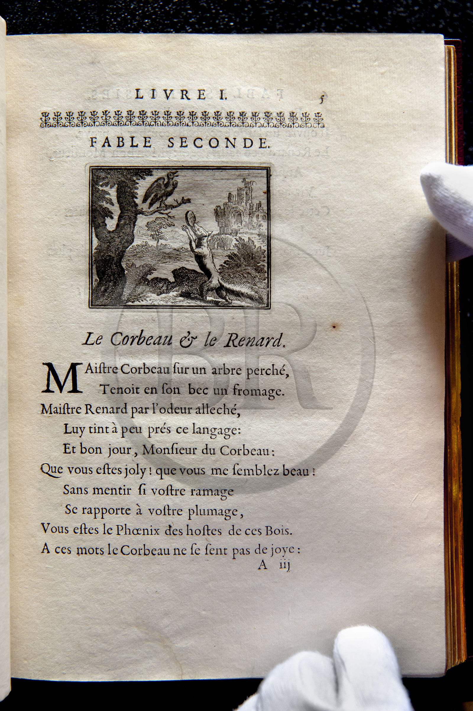 France, Aisne (02), Château-Thierry, Musée Jean de La Fontaine - Ville de Chateau-Thierry, première édition du livre des Fables de La Fontaine, Edition Claude Barbin et Denys Thierry, 1668, in-4, illustrées par François Chauveau, Le Corbeau et le Renard fable II du livre I