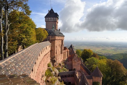 France, Bas Rhin, Orschwiller, Alsace Wine Road, Haut Koenigsbourg Castle and the plain of Alsace in the background
