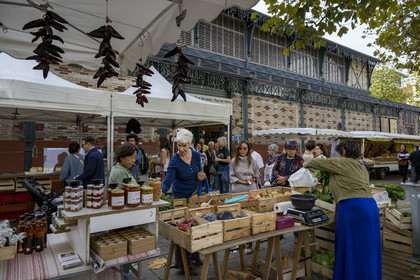 France, Pyrenees Atlantiques, Basque Country, Saint Jean de Luz, stall in front of the covered market