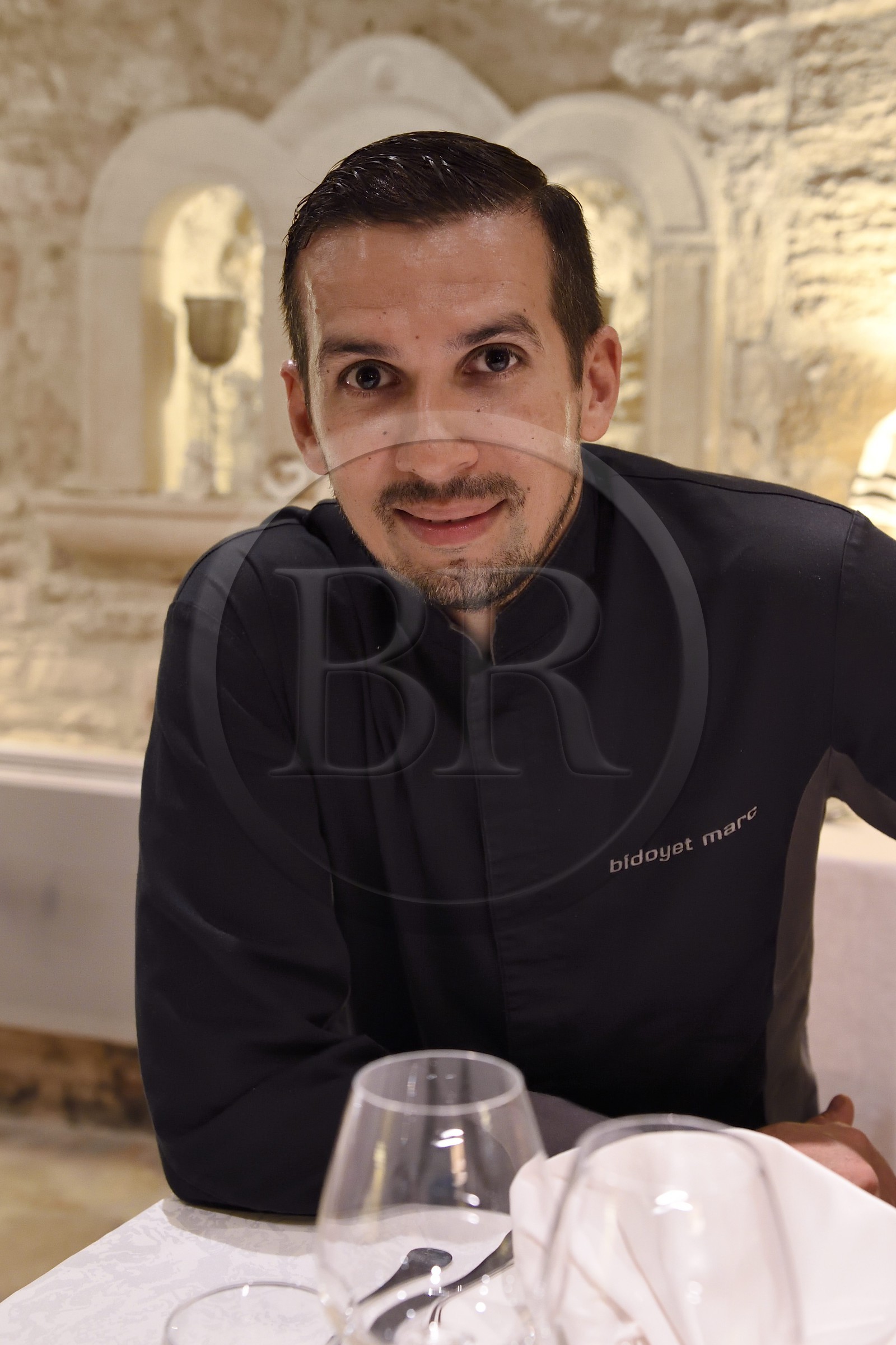 France, Dordogne (24), Périgord Noir, vallée de la Dordogne, Sarlat-la-Canéda, passage Henri de Ségogne, restaurant Les Jardins d'Harmonie, le Chef Marc Bidoyet