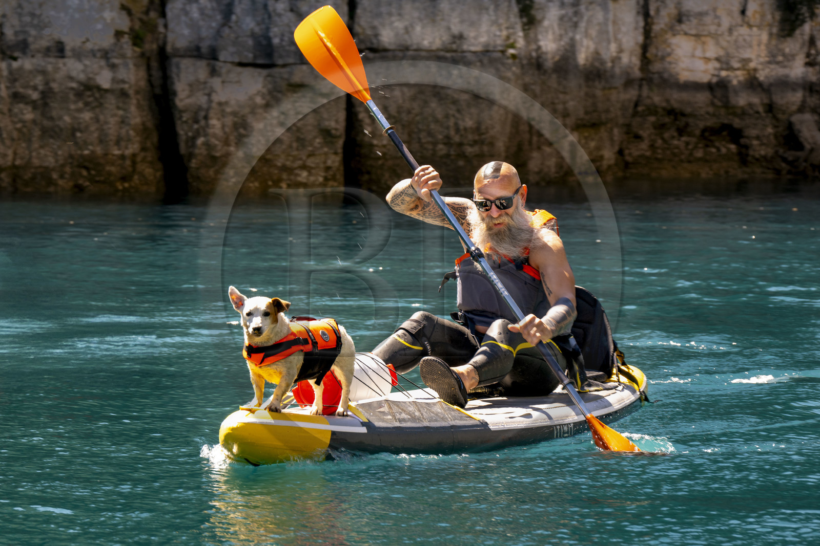Var (83) rive gauche et Alpes-de-Haute-Provence (04) rive droite, Parc Naturel Régional du Verdon, Basses Gorges du Verdon en aval du lac de Sainte Croix, découverte en paddle et avec chien des gorges de Baudinard