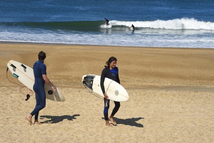 France, Pyrenees Atlantiques, Basque Country, Anglet, surfers on the Cavaliers beach