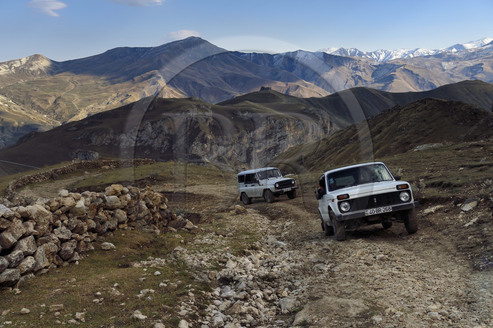 Azerbaijan, Quba (Guba) region, Greater Caucasus mountain range, four wheel drive on the track on the heights of the village of Qalaxudat