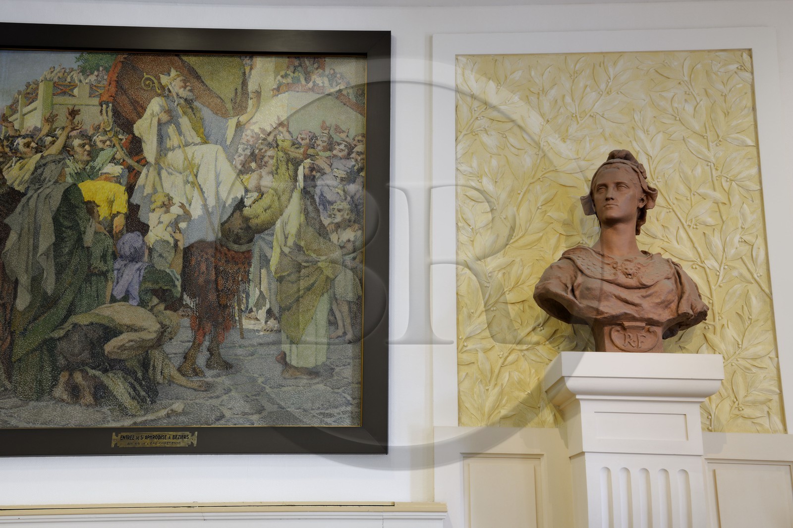 France, Hérault (34), Béziers, hôtel de ville, fresque avec le dromadaire un des symboles de Béziers dans la salle du conseil municipal de la ville et la Marianne