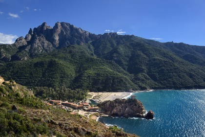 France, Corse-du-Sud (2A), Golfe de Porto, classé Patrimoine Mondial de l'UNESCO, la tour génoise au-dessus de la passe du port de la marine de Porto et sa plage