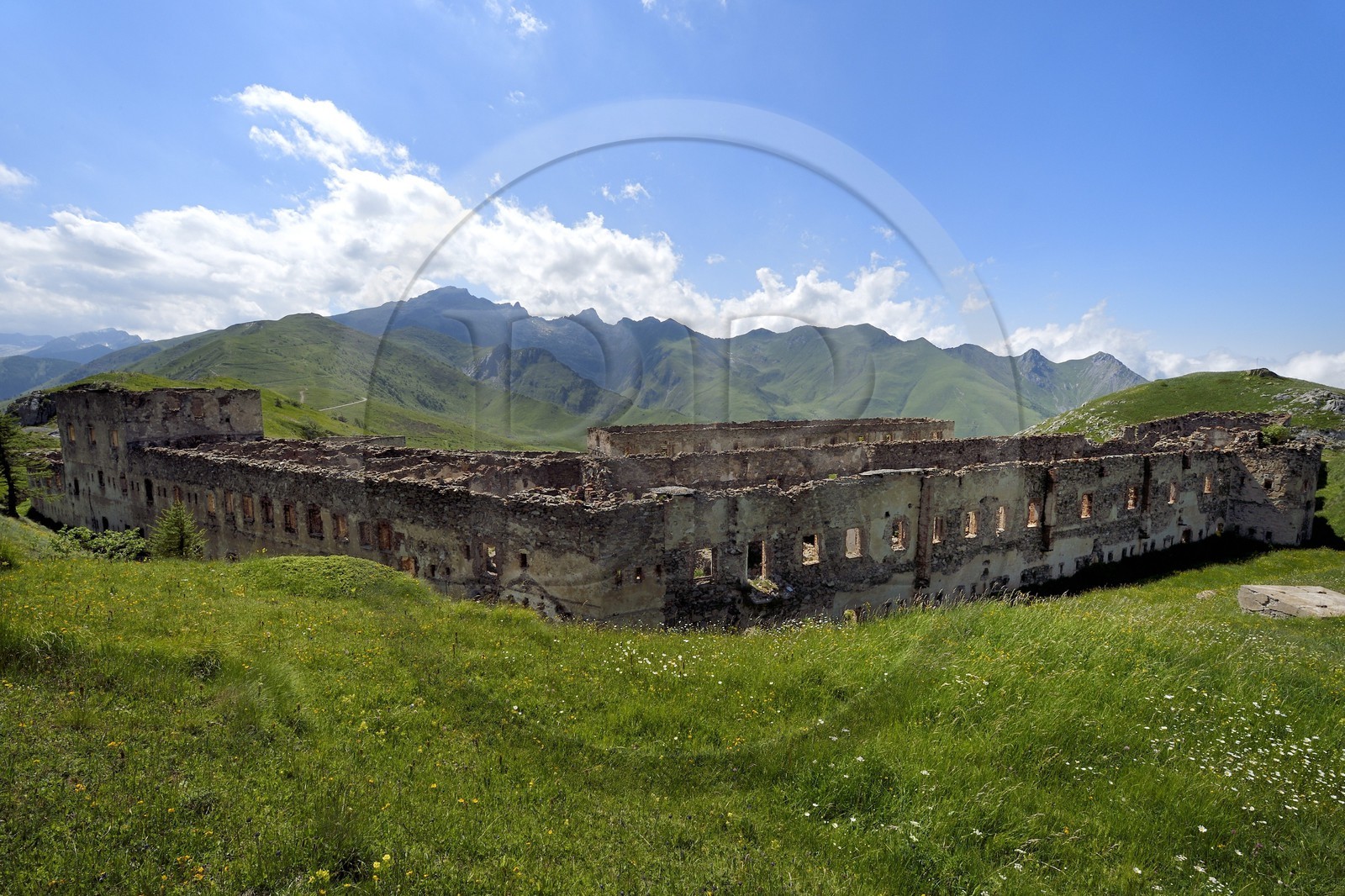 France, Alpes-Maritimes, the Central Fort quartering at the Col (pass) de Tende (1871m), fortifications built by the Italians in 1881 and the mountain of the Roche de l'Abisse in the background