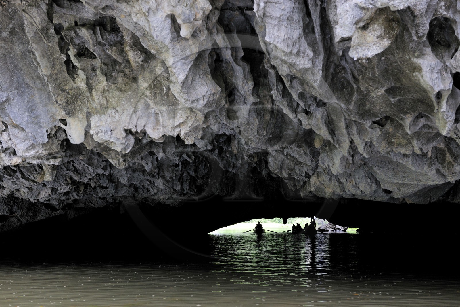 Vietnam, province de Ninh Binh, région surnommée la baie d'Halong terrestre, excursion en barque à Tam Coc entouré de paysages karstiques, passage d'une des trois grottes naturelles crées par la rivière