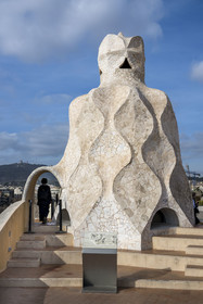Spain, Catalonia, Barcelona, Eixample district, Passeig de Gracia, Pedrera or Casa Mila (1905-1910) by the Catalan modernist architect Antoni Gaudi, UNESCO World Heritage site, chimneys and ventilation towers on the roof terrace of the building